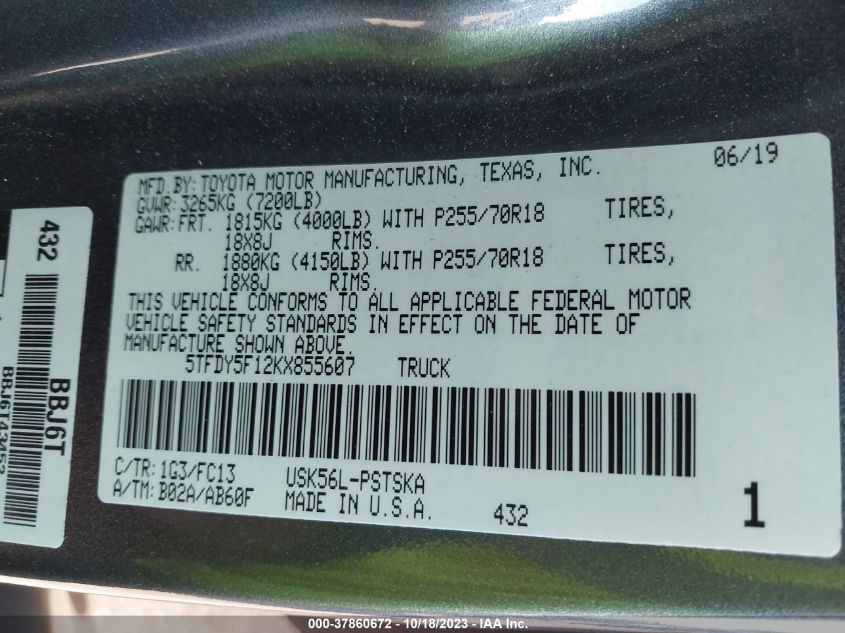 2019 TOYOTA TUNDRA 4WD SR5/LIMITED/PLATINUM 5TFDY5F12KX855607