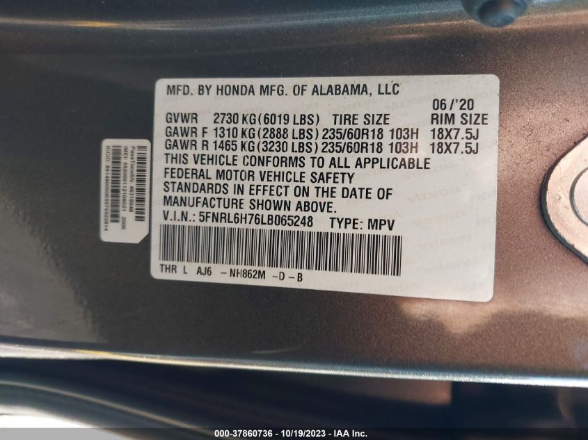 5FNRL6H76LB065248 Honda Odyssey EX-L 9