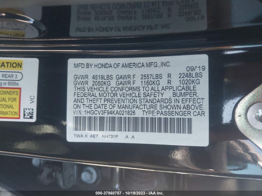 1HGCV3F94KA021826 Honda Accord Hybrid TOURING 9