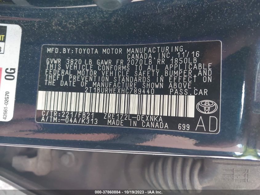 2017 TOYOTA COROLLA L/LE/XLE/SE - 2T1BURHEXHC789440