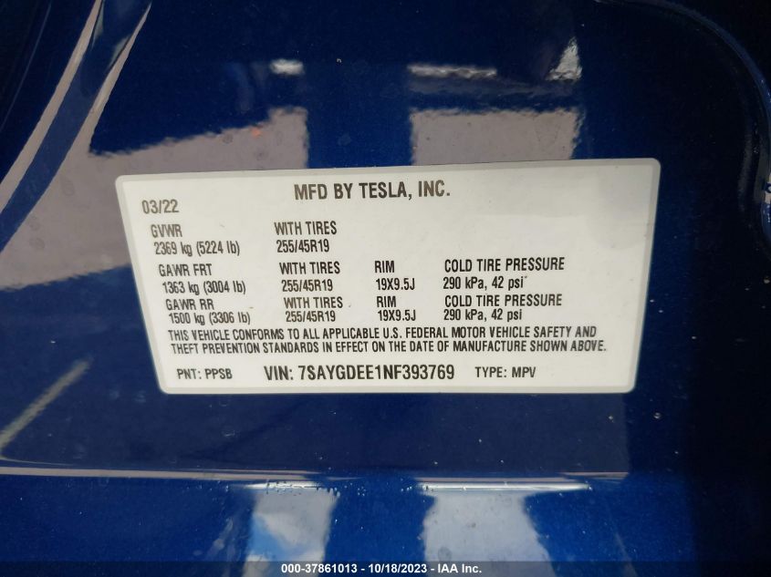 2022 TESLA MODEL Y LONG RANGE - 7SAYGDEE1NF393769