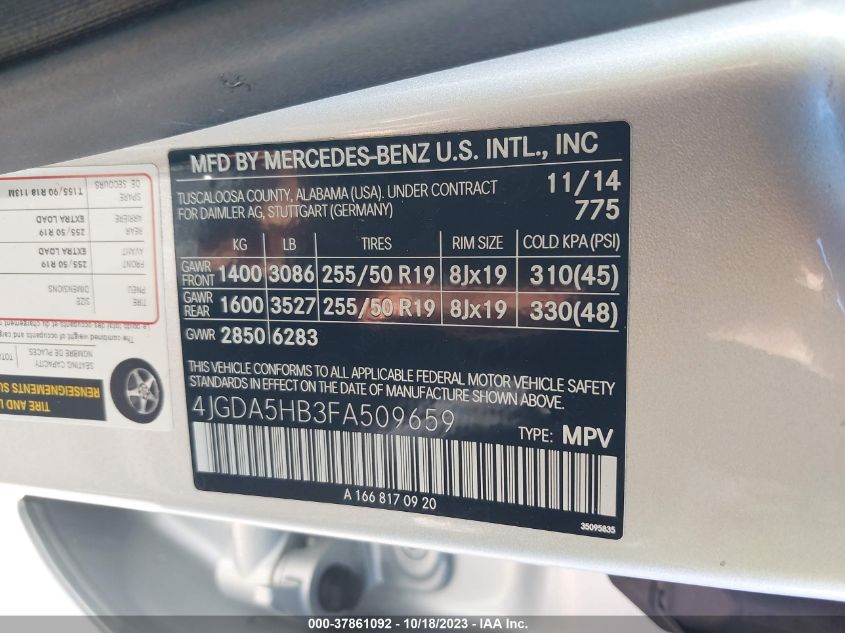 2015 MERCEDES-BENZ ML 350 4JGDA5HB3FA509659