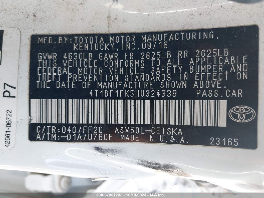 2017 TOYOTA CAMRY XLE/SE/LE/XSE - 4T1BF1FK5HU324339