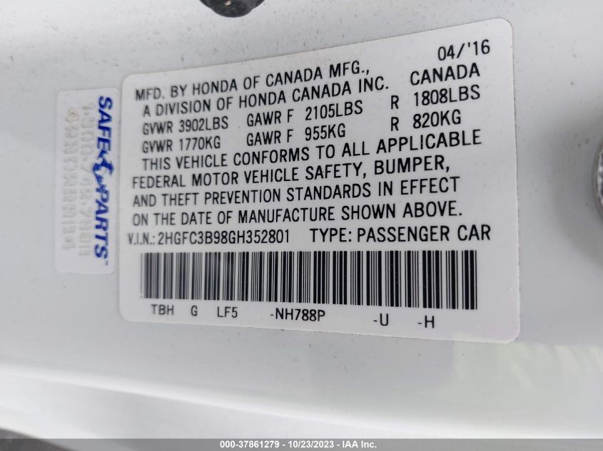 2016 HONDA CIVIC COUPE TOURING - 2HGFC3B98GH352801