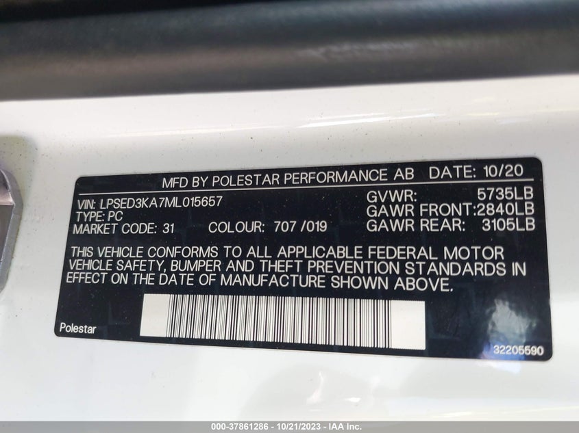 VIN LPSED3KA7ML015657 2021 POLESTAR 2