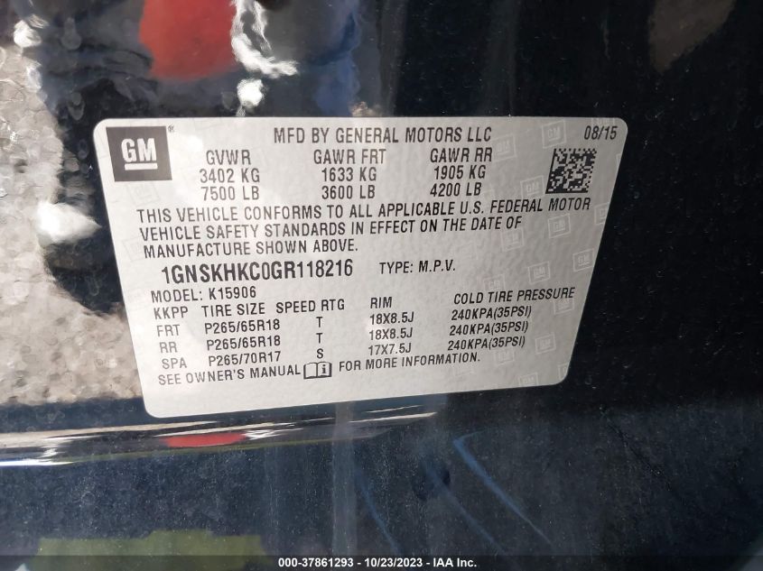 2016 CHEVROLET SUBURBAN K1500 LT - 1GNSKHKC0GR118216