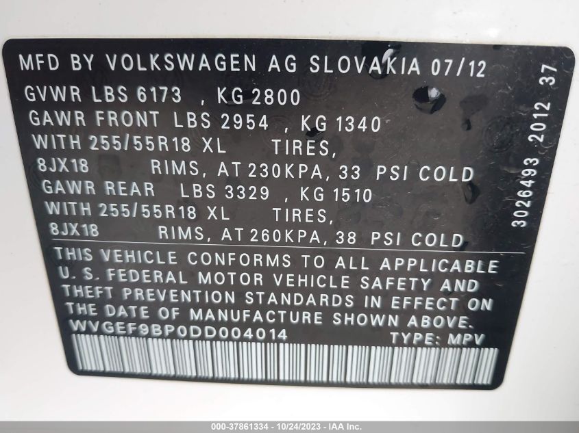 2013 VOLKSWAGEN TOUAREG SPORT W/NAV - WVGEF9BP0DD004014