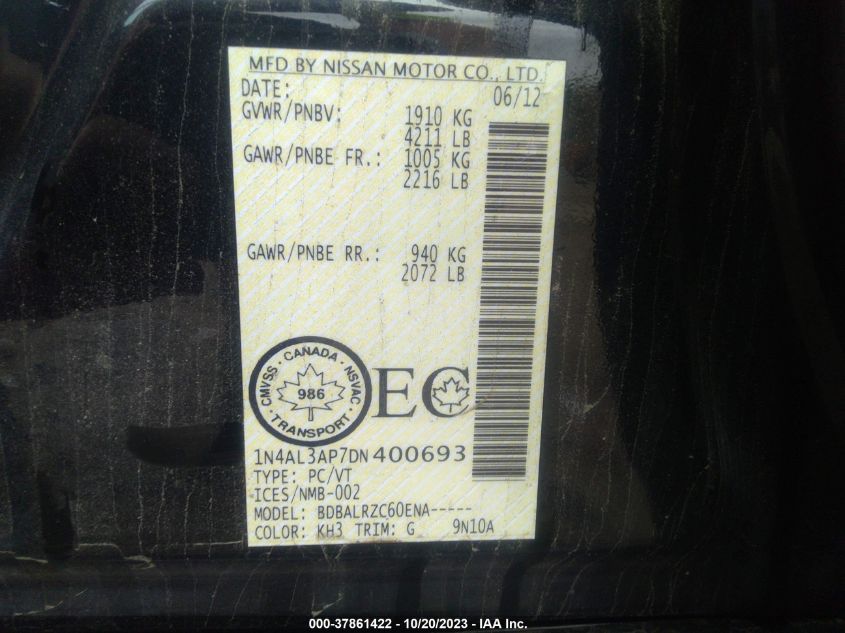 2013 NISSAN ALTIMA 2.5/S/SV/SL - 1N4AL3AP7DN400693