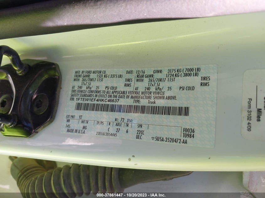 VIN 1FTEW1EF4HKC46637 2017 FORD F-150 XL/XLT/LARIAT