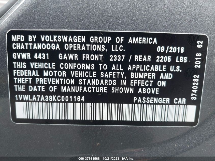 2019 VOLKSWAGEN PASSAT 2.0T WOLFSBURG EDITION - 1VWLA7A38KC001164