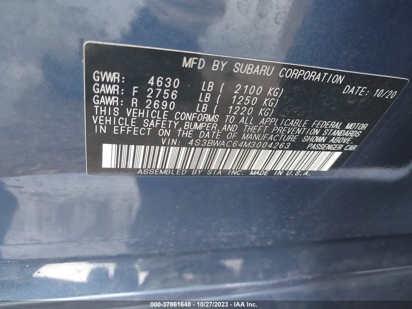 VIN 4S3BWAC64M3004263 2021 SUBARU LEGACY PREMIUM