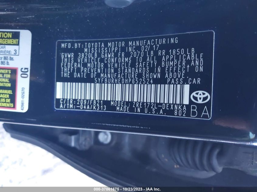 2017 TOYOTA COROLLA L/LE/XLE/SE - 5YFBURHE0HP652524