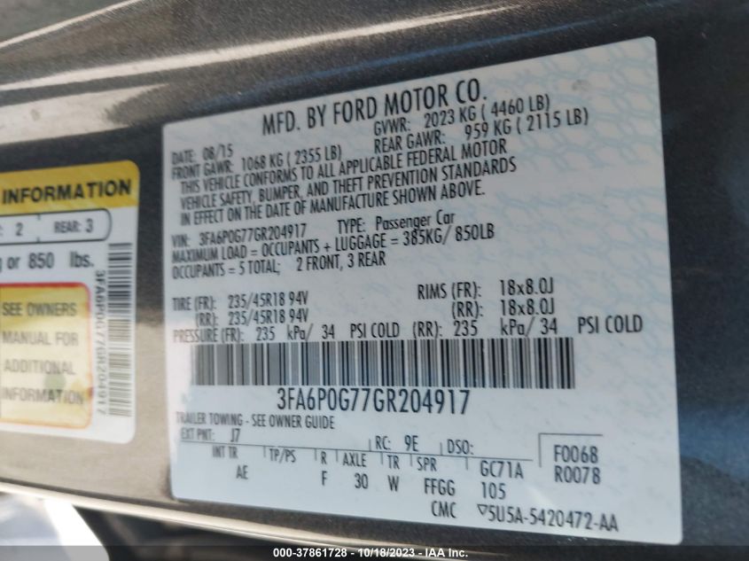 2016 FORD FUSION S - 3FA6P0G77GR204917