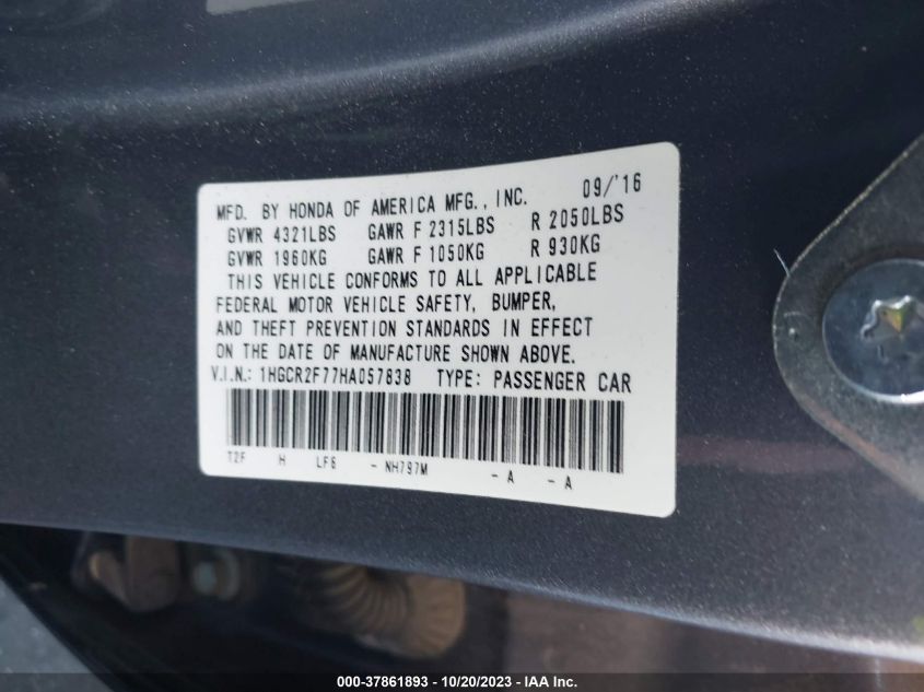 2017 HONDA ACCORD SEDAN EX - 1HGCR2F77HA057838