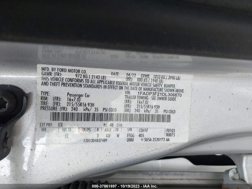 2013 FORD FOCUS SE - 1FADP3F21DL306870