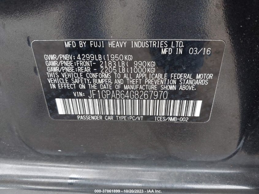 2016 SUBARU IMPREZA WAGON 2.0I PREMIUM - JF1GPAB64G8267970