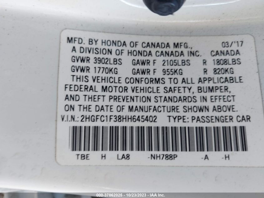 2017 HONDA CIVIC SEDAN EX-T - 2HGFC1F38HH645402