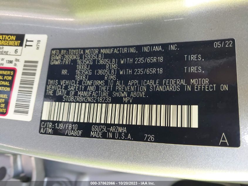 VIN 5TDBZRBH2NS218239 2022 TOYOTA HIGHLANDER LE