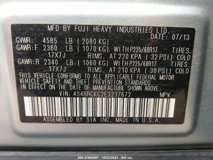 2014 SUBARU OUTBACK 2.5I LIMITED - 4S4BRCKC2E3217672