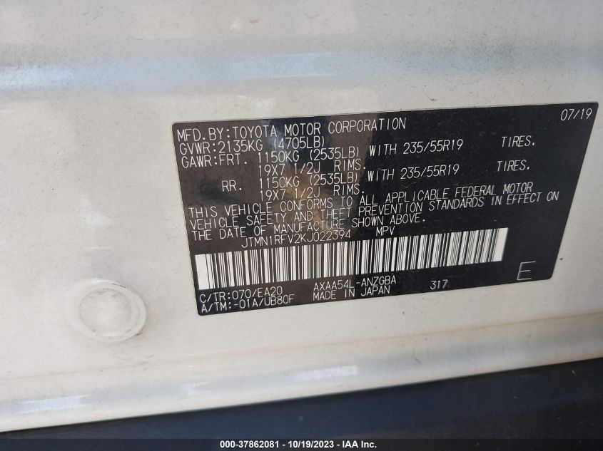2019 TOYOTA RAV4 LIMITED - JTMN1RFV2KJ022394