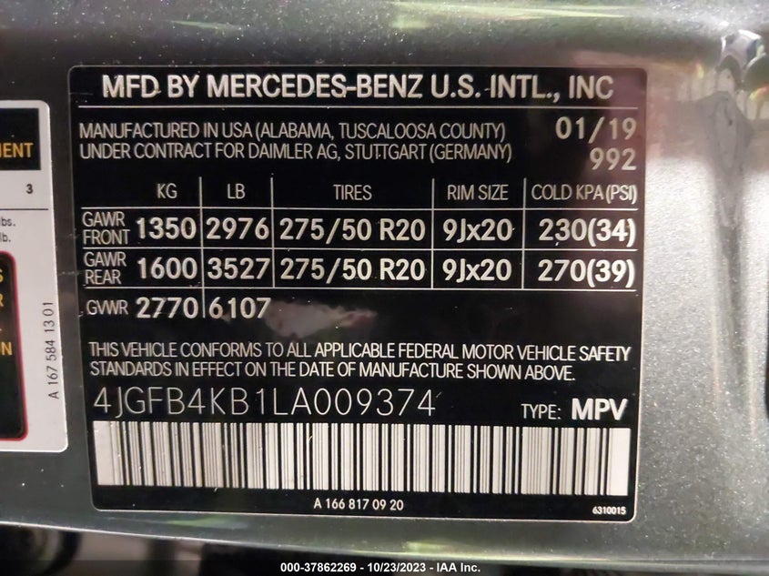 VIN 4JGFB4KB1LA009374 2020 MERCEDES-BENZ GLE GLE 350