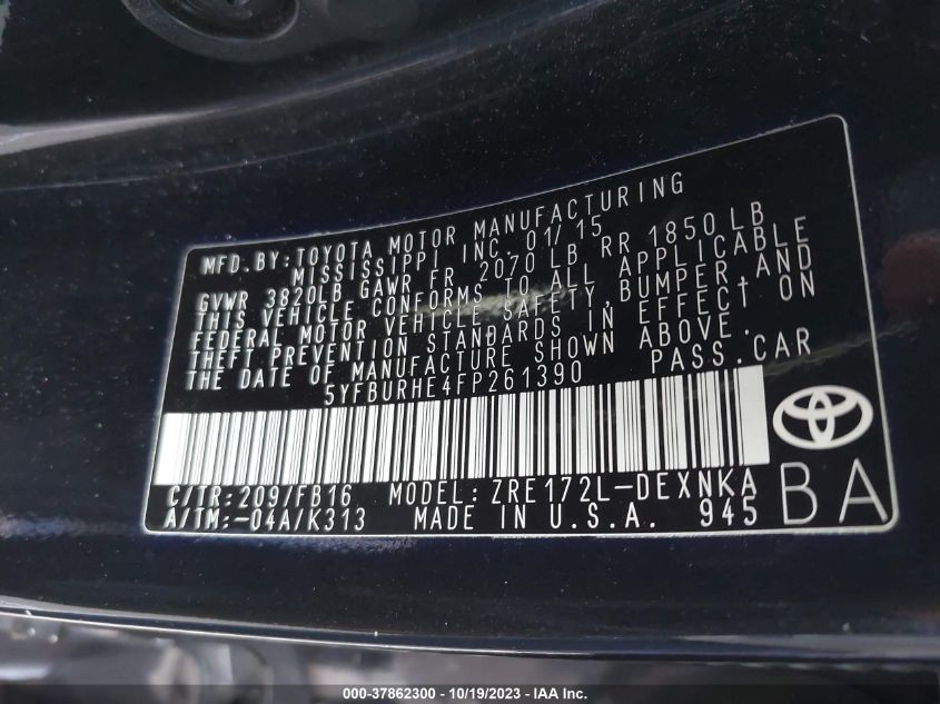 2015 TOYOTA COROLLA L/LE/S/S PLUS/LE PLUS - 5YFBURHE4FP261390