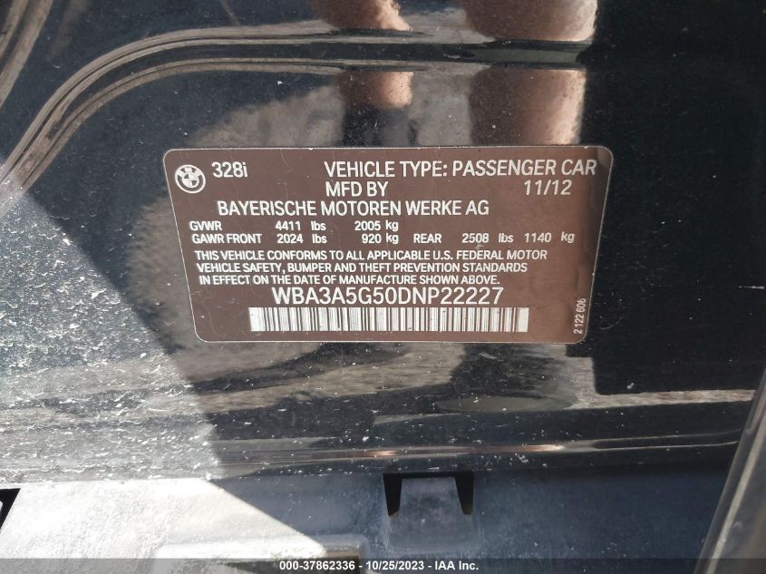 2013 BMW 3 SERIES 328I - WBA3A5G50DNP22227