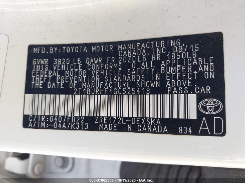 2016 TOYOTA COROLLA L/LE/S/S PLUS/LE PLUS - 2T1BURHE4GC525418