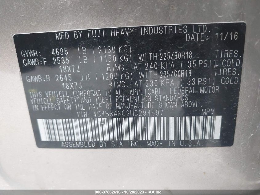 2017 SUBARU OUTBACK 2.5I LIMITED - 4S4BSANC2H3294597