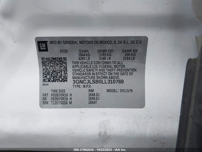 VIN 3GNCJLSB0LL310769 2020 CHEVROLET TRAX 1LT