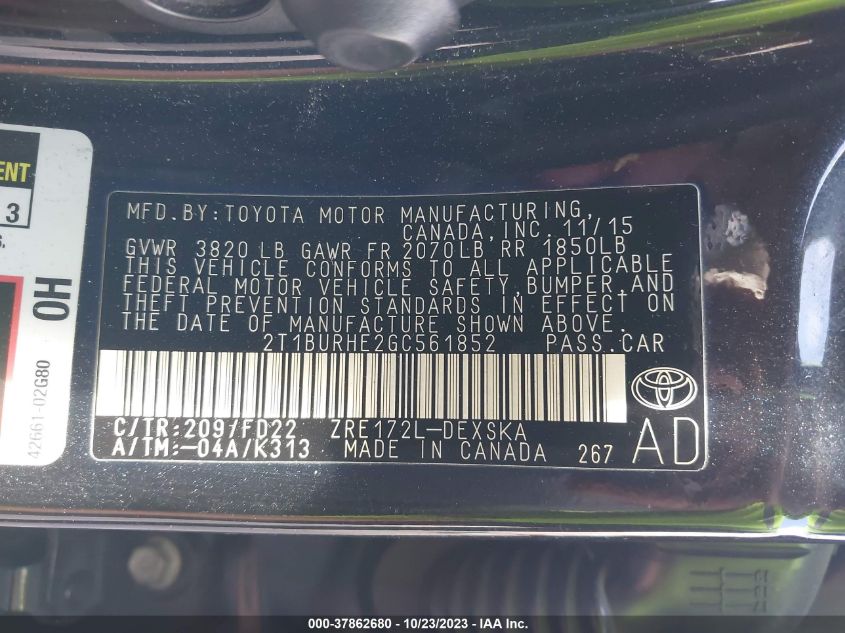 2016 TOYOTA COROLLA L/LE/LE PLS/PRM/S/S PLS - 2T1BURHE2GC561852