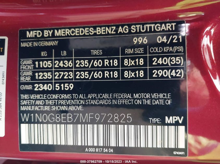 2021 MERCEDES-BENZ GLC GLC 300 - W1N0G8EB7MF972825