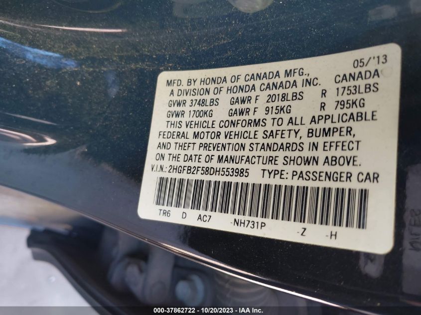 2013 HONDA CIVIC LX - 2HGFB2F58DH553985