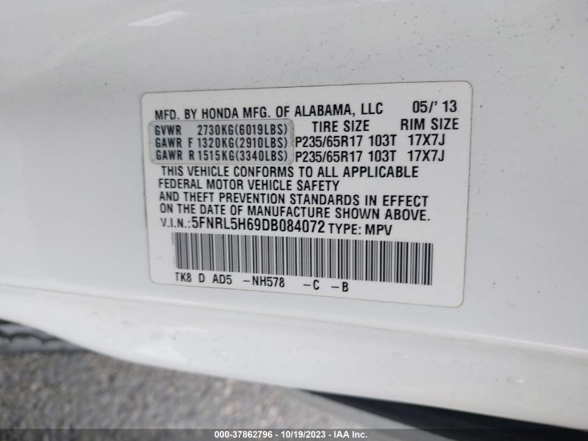 2013 HONDA ODYSSEY EX-L - 5FNRL5H69DB084072