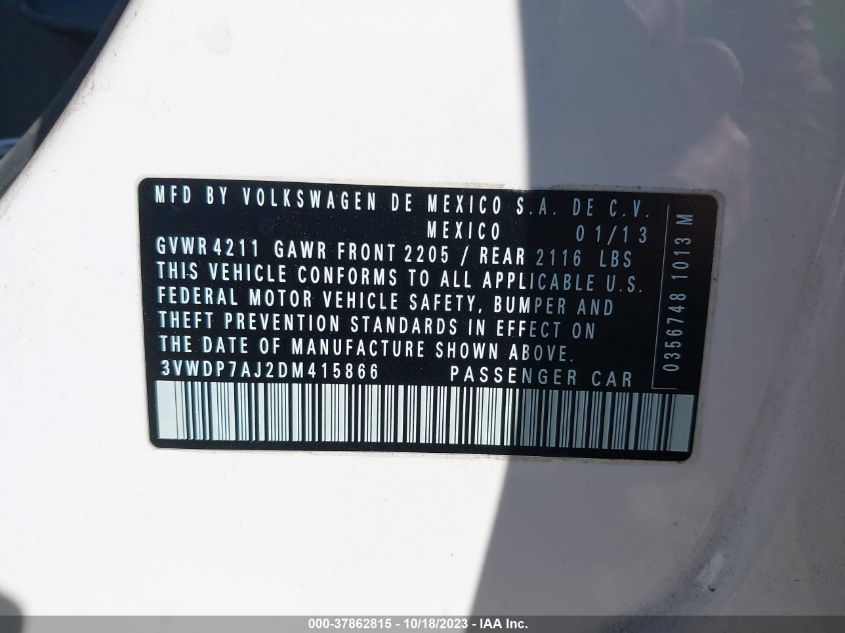 2013 VOLKSWAGEN JETTA SEDAN SE W/CONVENIENCE/SUNROOF 3VWDP7AJ2DM415866