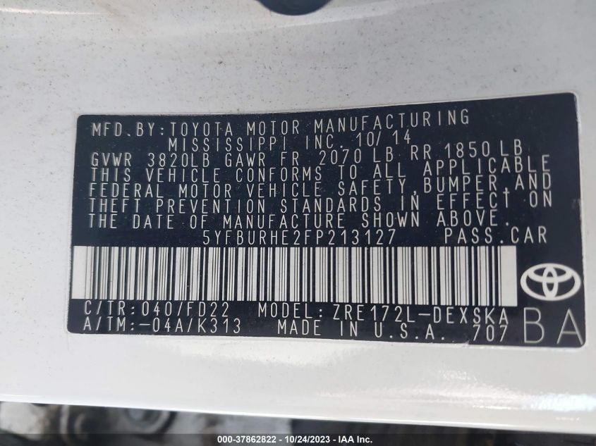 2015 TOYOTA COROLLA L/LE/S/S PLUS/LE PLUS - 5YFBURHE2FP213127