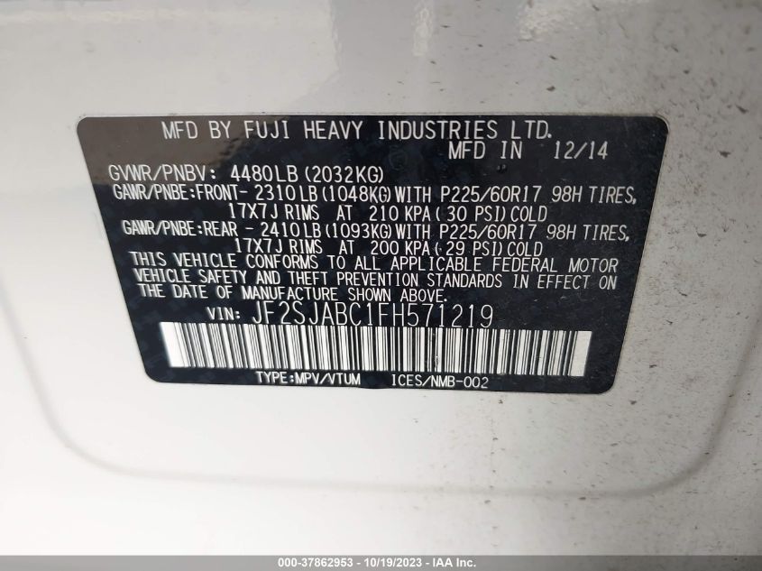 2015 SUBARU FORESTER 2.5I - JF2SJABC1FH571219