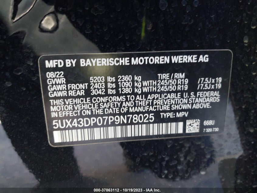VIN 5UX43DP07P9N78025 2023 BMW X3 SDRIVE30I