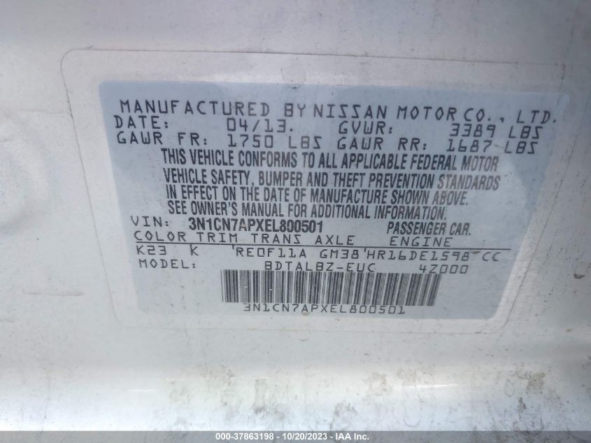 2014 NISSAN VERSA SV - 3N1CN7APXEL800501