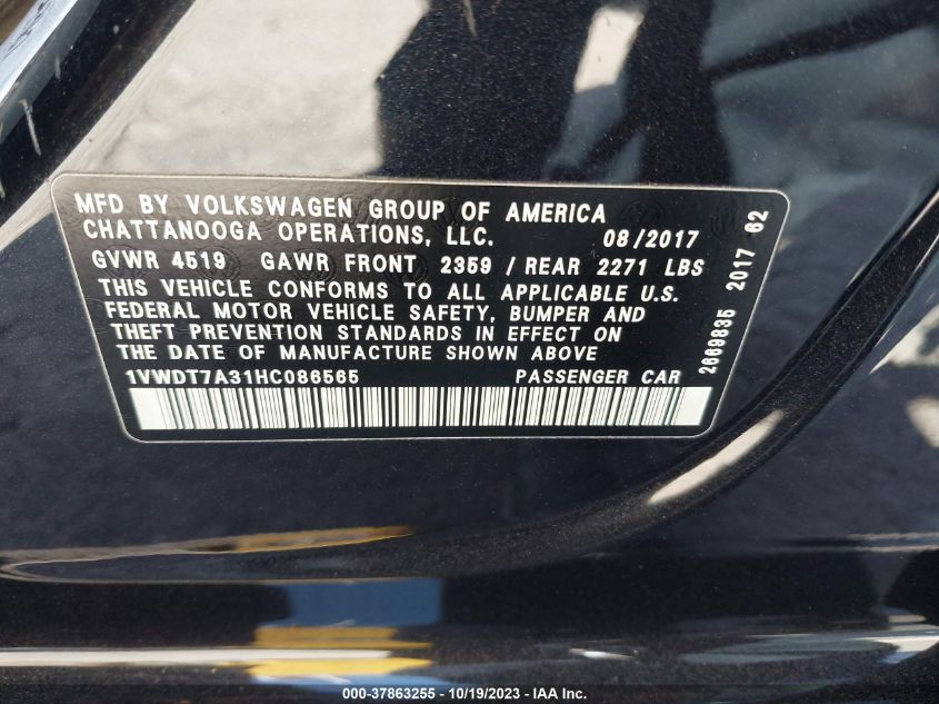 VIN 1VWDT7A31HC086565 2017 VOLKSWAGEN PASSAT R-LINE W/COMFORT PKG