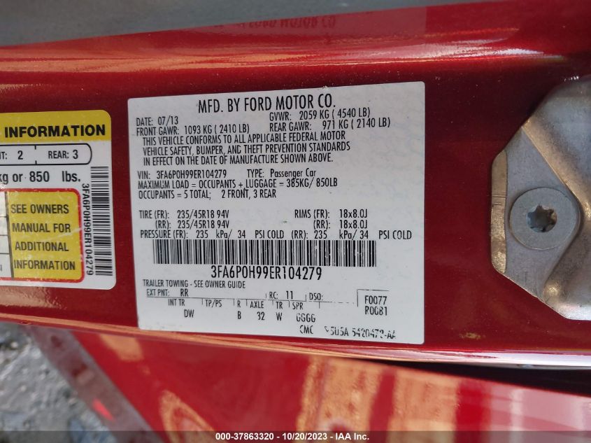 2014 FORD FUSION SE - 3FA6P0H99ER104279