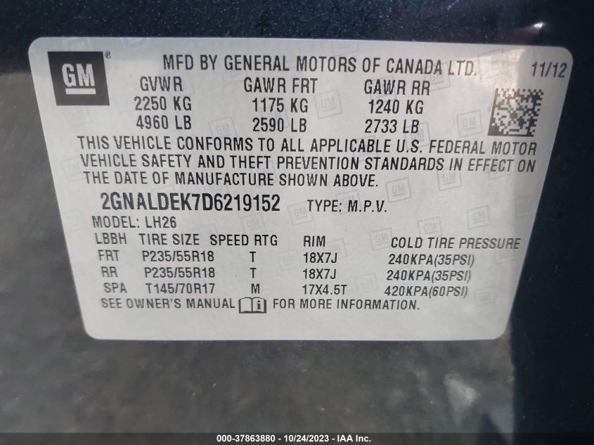 2013 CHEVROLET EQUINOX LT - 2GNALDEK7D6219152