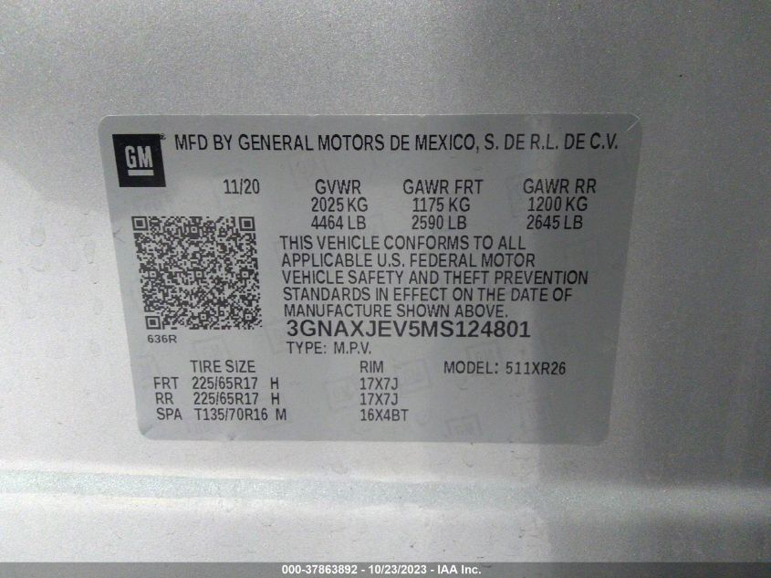2021 CHEVROLET EQUINOX LT - 3GNAXJEV5MS124801