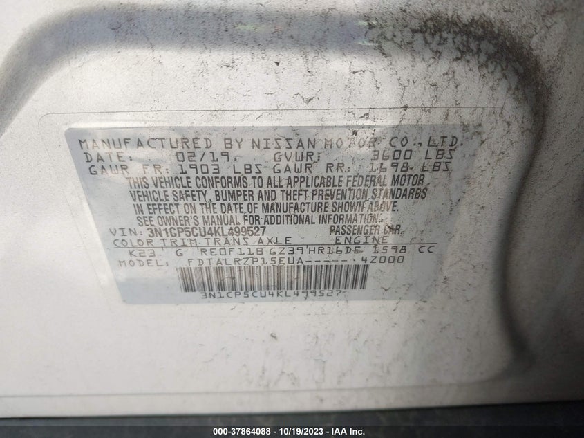 VIN 3N1CP5CU4KL499527 2019 NISSAN KICKS S