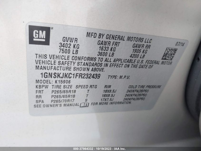 2015 CHEVROLET SUBURBAN LT - 1GNSKJKC1FR232439