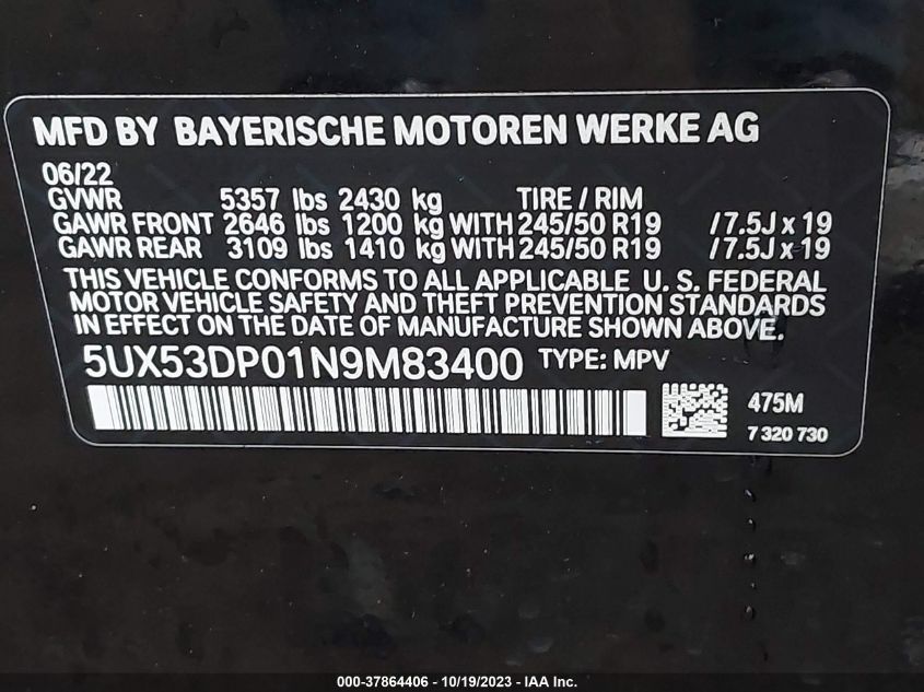 2022 BMW X3 XDRIVE30I - 5UX53DP01N9M83400