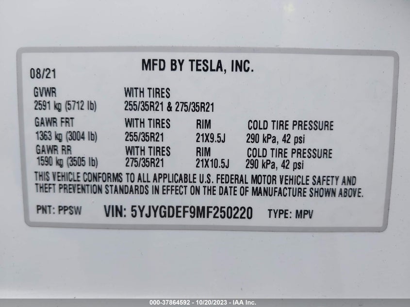 VIN 5YJYGDEF9MF250220 2021 TESLA MODEL Y PERFORMANCE