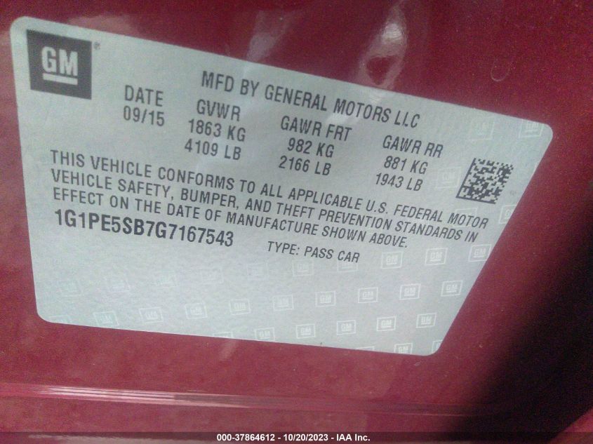 2016 CHEVROLET CRUZE LIMITED LT - 1G1PE5SB7G7167543