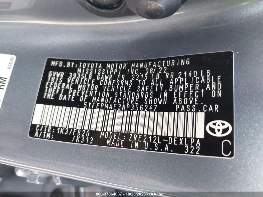 VIN 5YFEPMAE3NP356247 2022 TOYOTA COROLLA LE