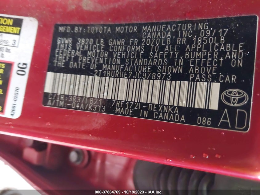 VIN 2T1BURHE7JC978973 2018 TOYOTA COROLLA L/LE/XLE/SE/XSE